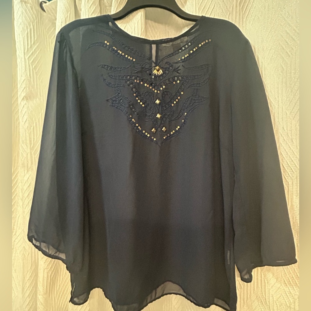 Vintage America Navy Embroidered Blouse
